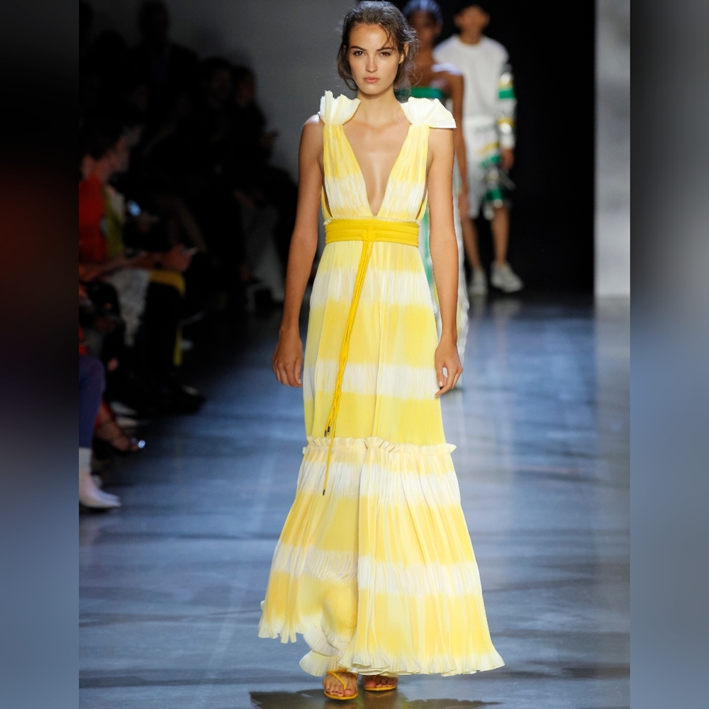 ^*°$4,000 PRABAL GURUNG YELLOW TADIA PLISSE LONG RUNWAY DRESS GOWN US 4, 8
